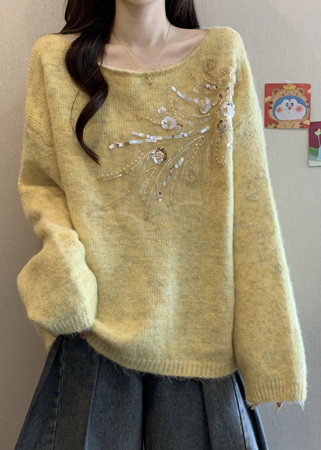 Yellow Sequins Solid Knit Winter Sweater Tops O Neck