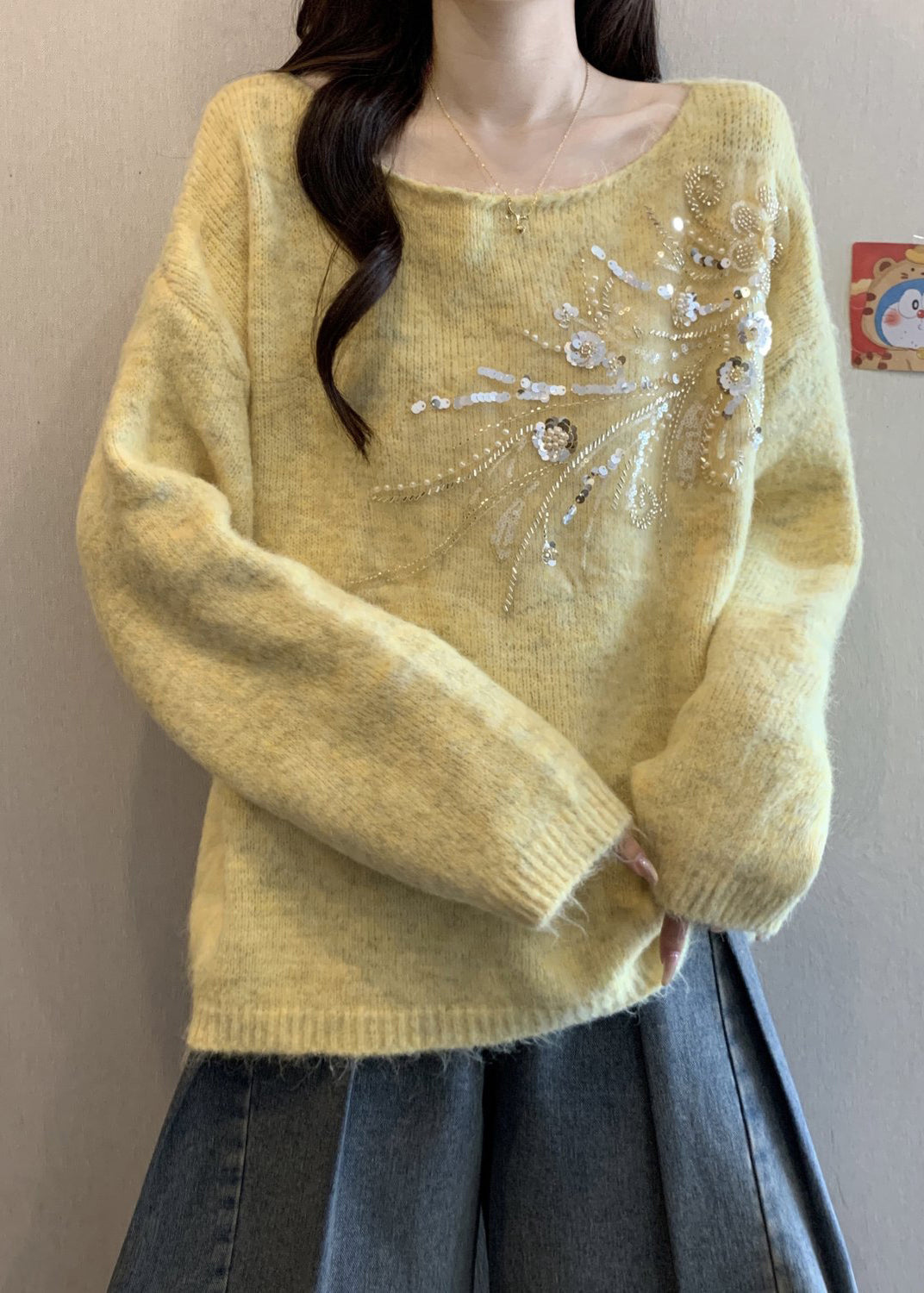 Yellow Sequins Solid Knit Winter Sweater Tops O Neck