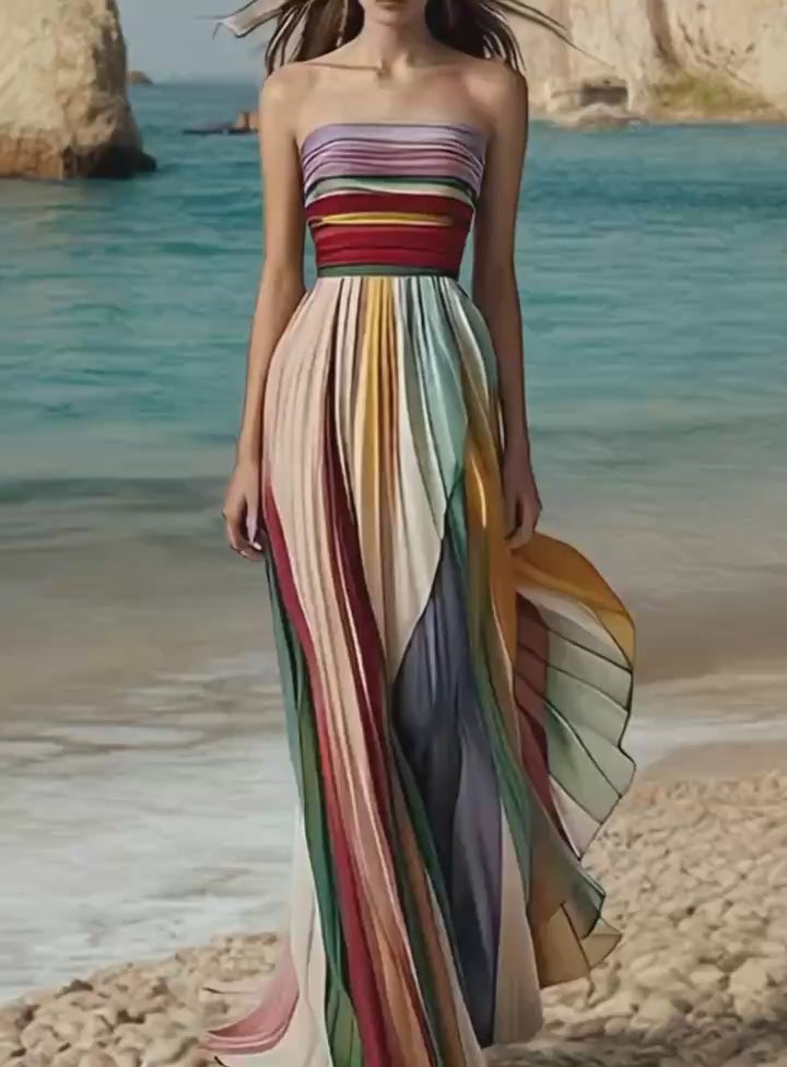 Women Striped Cold Shoulder Wrinkled Long Dress Sleeveless