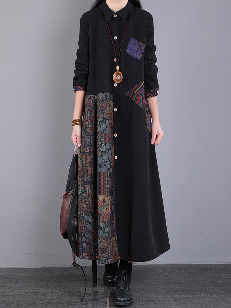 Women Vintage Spliced Loose Winter Shirt Dress