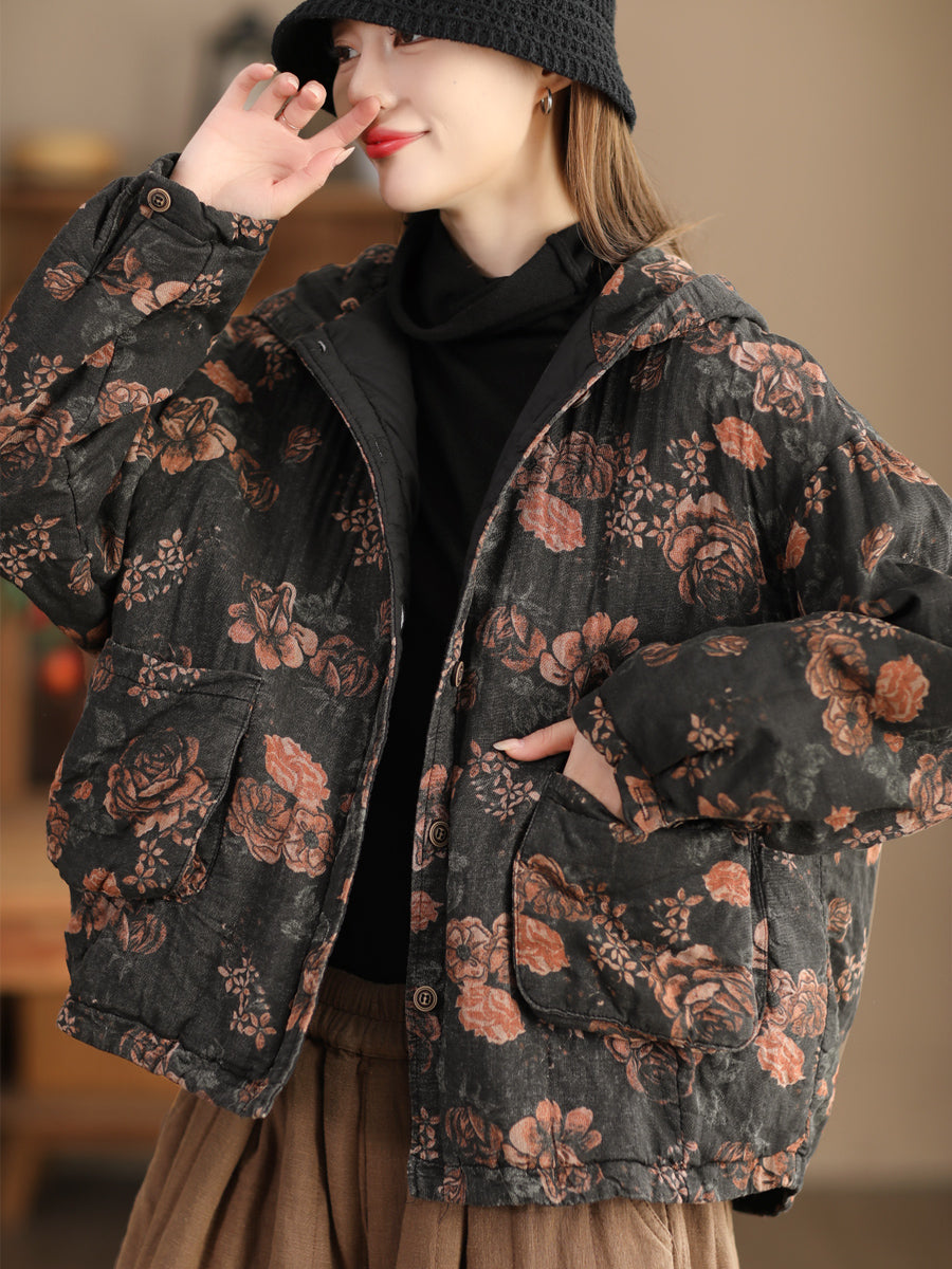 Women Vintage Flower Hooded Cotton Coat