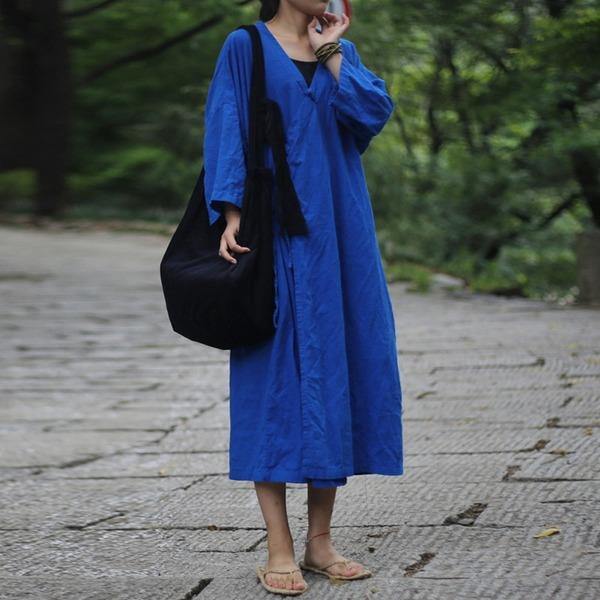 Vintage Linen 2020 Fall New Loose Casual V-Neck Button Chinese Style Trench Female Coat - Omychic