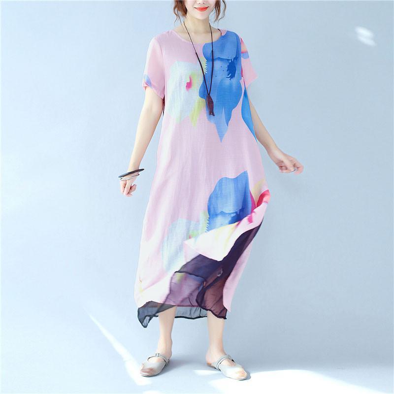 Splitting Women Summer Printing Loose Casual Linen Pink Dress - Omychic