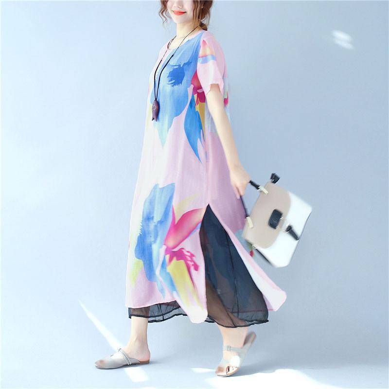 Splitting Women Summer Printing Loose Casual Linen Pink Dress - Omychic