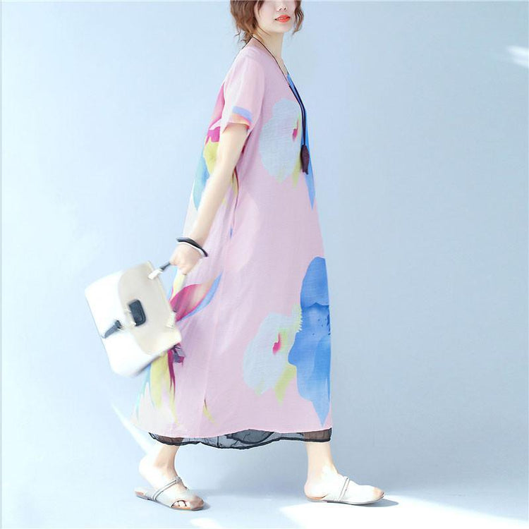 Splitting Women Summer Printing Loose Casual Linen Pink Dress - Omychic