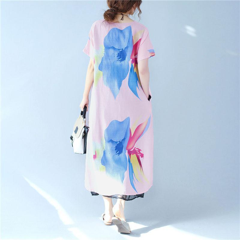 Splitting Women Summer Printing Loose Casual Linen Pink Dress - Omychic