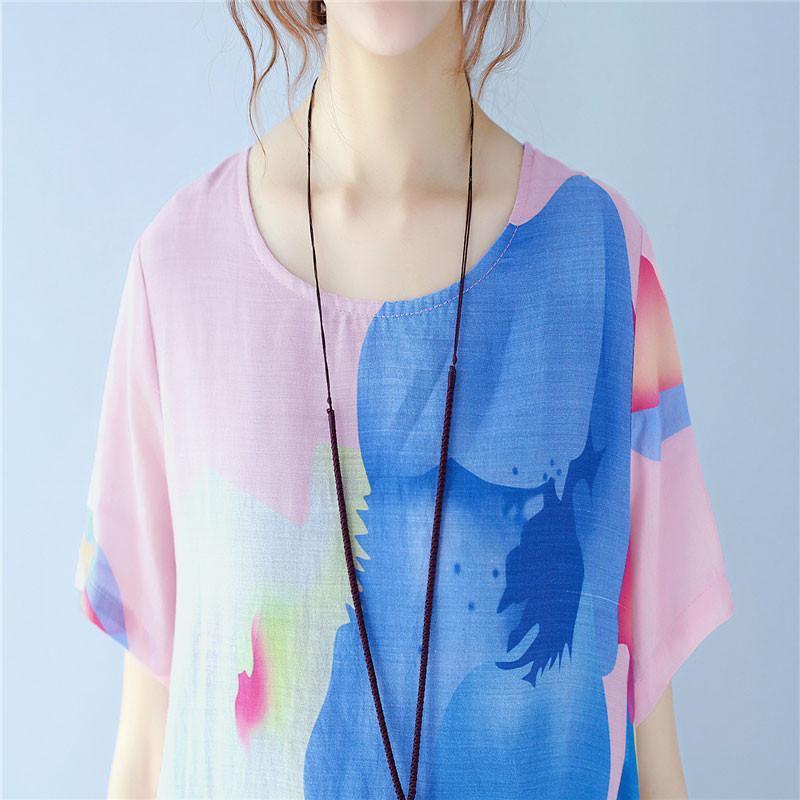 Splitting Women Summer Printing Loose Casual Linen Pink Dress - Omychic