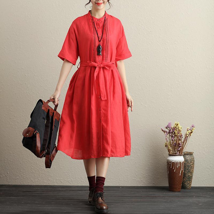 Stylish Hollowed Single Breasted Short Sleeves Ramie Pure Red Women Dress - Omychic