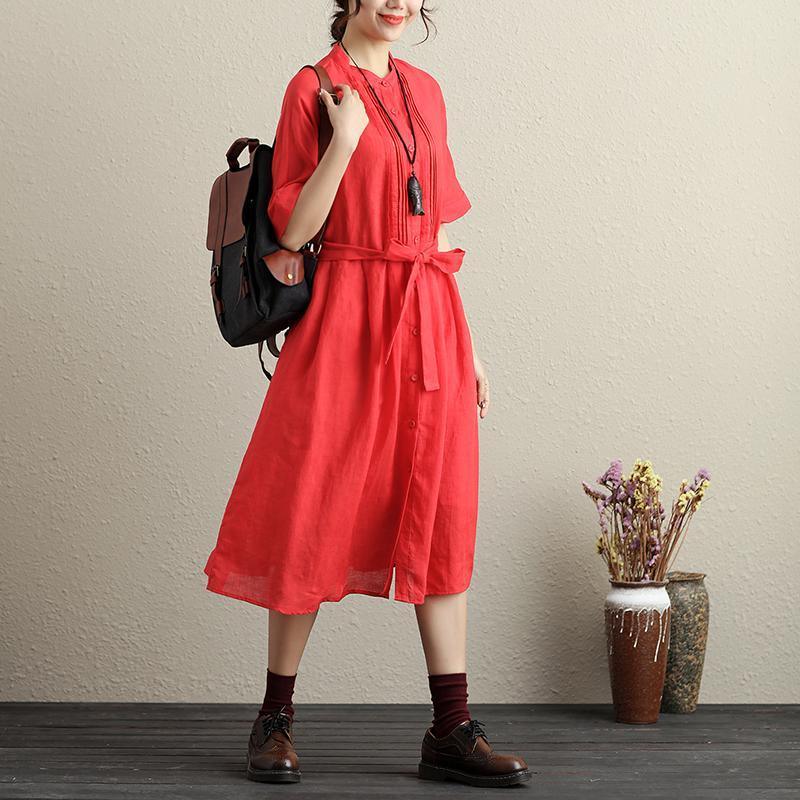 Stylish Hollowed Single Breasted Short Sleeves Ramie Pure Red Women Dress - Omychic