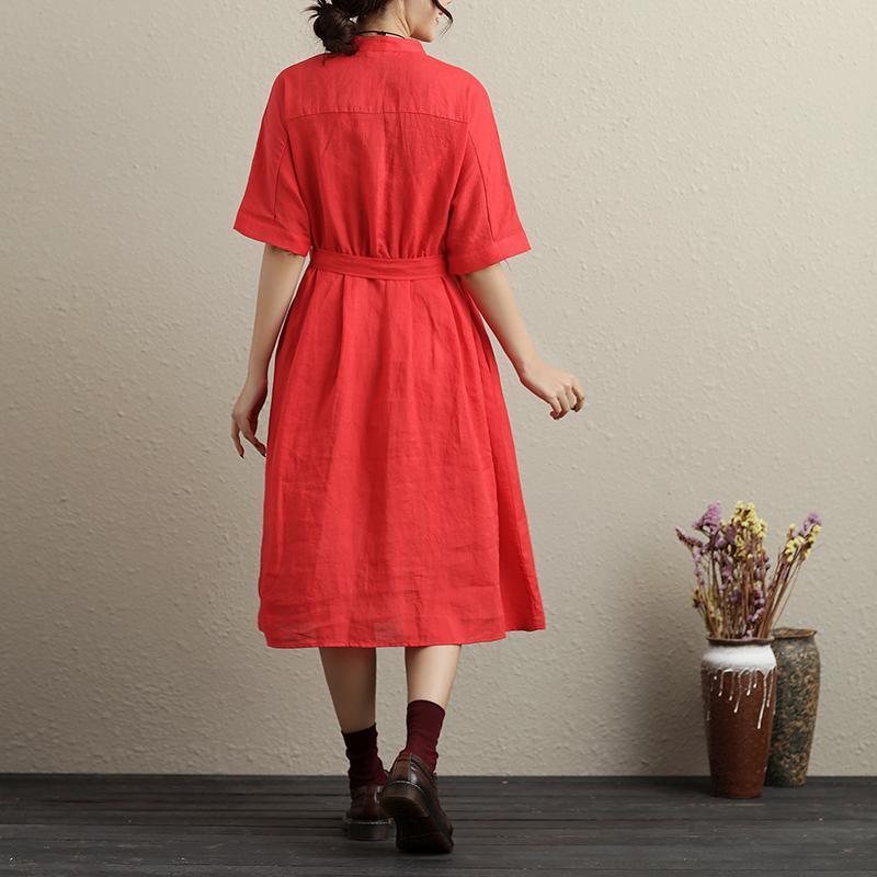 Stylish Hollowed Single Breasted Short Sleeves Ramie Pure Red Women Dress - Omychic