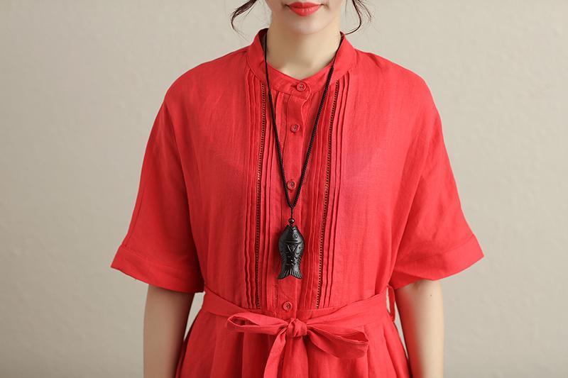 Stylish Hollowed Single Breasted Short Sleeves Ramie Pure Red Women Dress - Omychic
