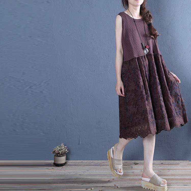 100% chocolate Cotton dress sleeveless short patchwork summer Dress - Omychic