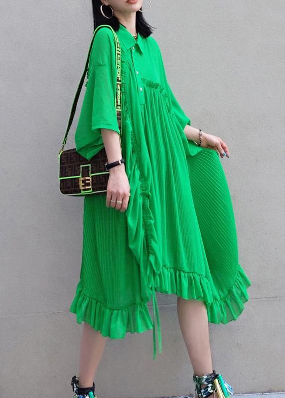 100% Green Dress Lapel Asymmetric Summer Dress - Omychic