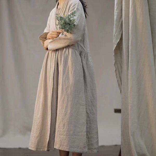 Linen Trench Solid Color Coats Turn-down Collar Long Sleeve Button 2020 Autumn New Chinese Style Trench - Omychic