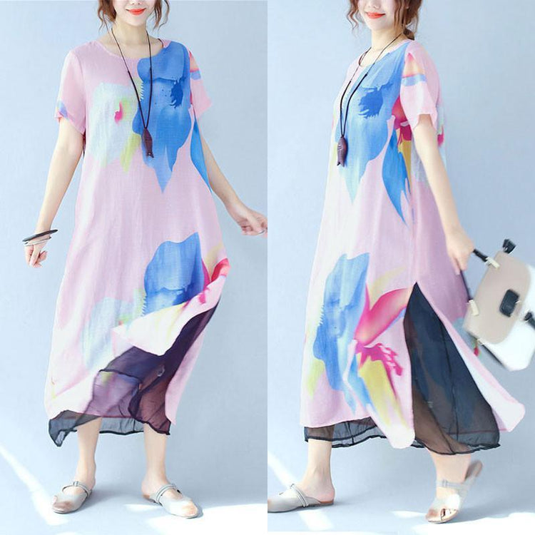 Splitting Women Summer Printing Loose Casual Linen Pink Dress - Omychic