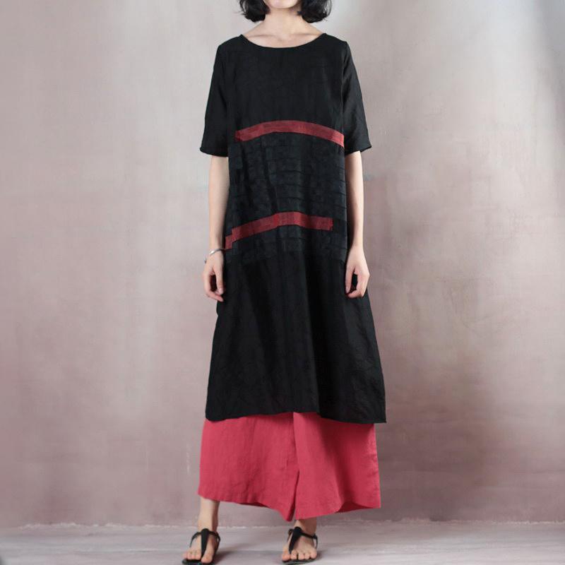 Summer Round Neck Patch Work Stripe Black Dress - Omychic