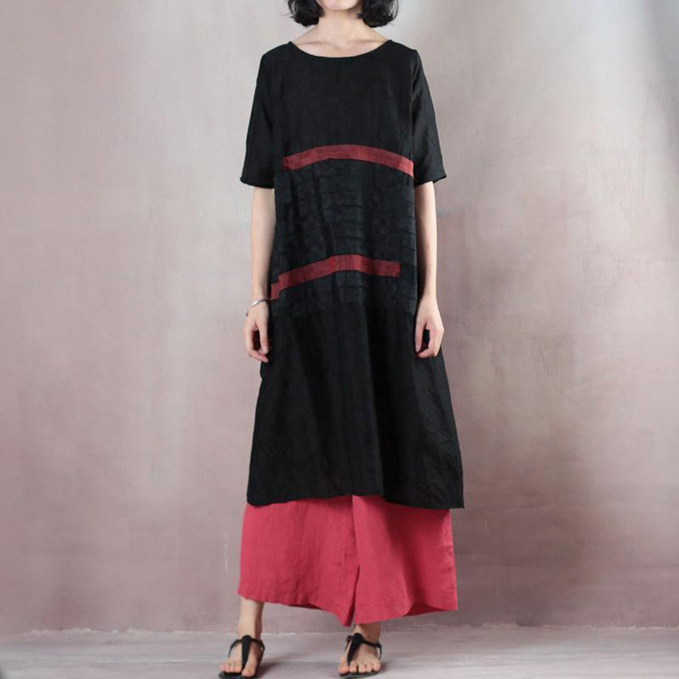 Summer Round Neck Patch Work Stripe Black Dress - Omychic