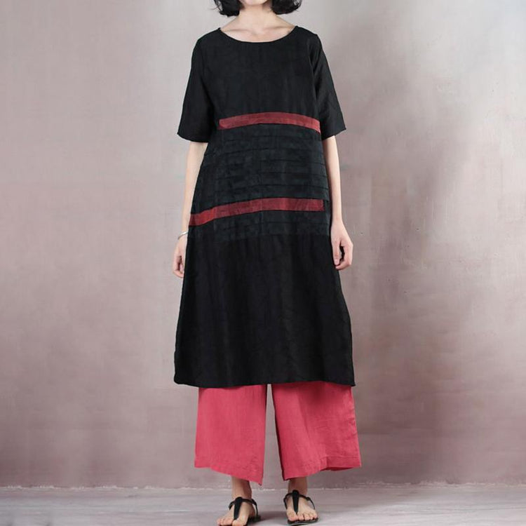Summer Round Neck Patch Work Stripe Black Dress - Omychic