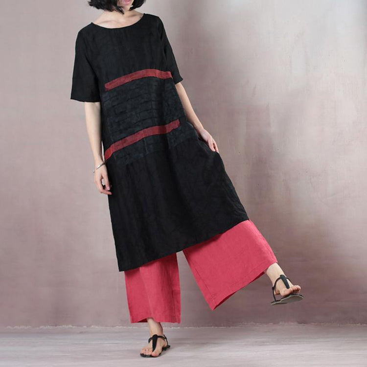 Summer Round Neck Patch Work Stripe Black Dress - Omychic
