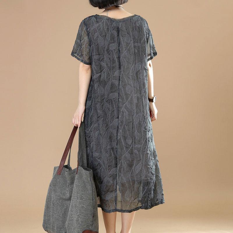Summer Short Sleeves Women Casual Round Neck Dark Gray Dress - Omychic