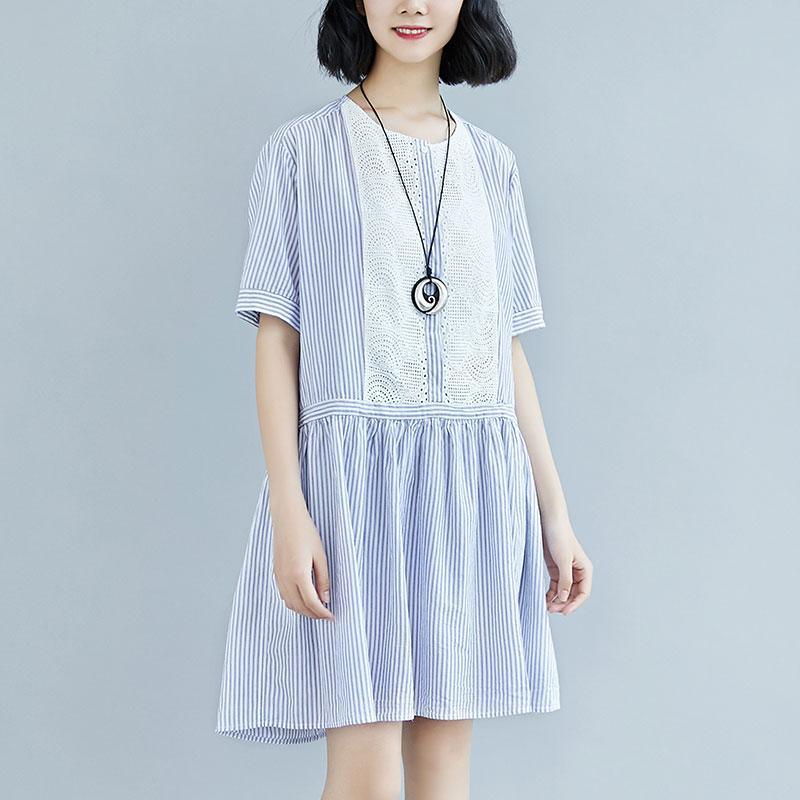 Summer Stripe Short  Sleeve Casual Hollow Dress - Omychic