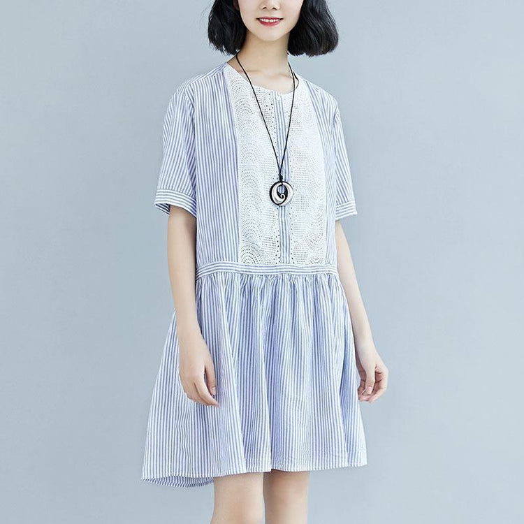 Summer Stripe Short  Sleeve Casual Hollow Dress - Omychic