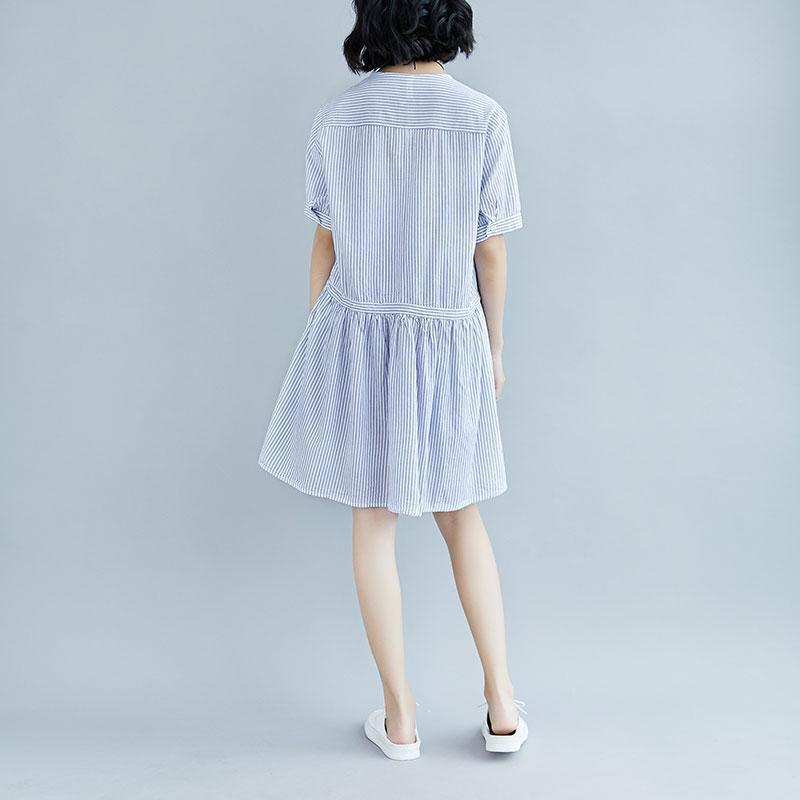 Summer Stripe Short  Sleeve Casual Hollow Dress - Omychic