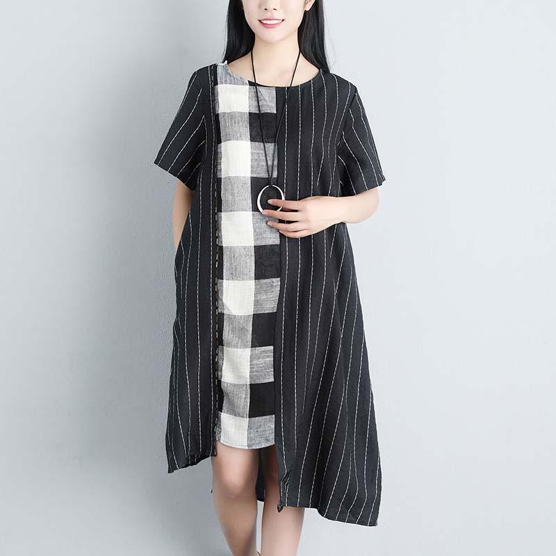 Stripe Summer Short Sleeve Casual Pockets Black Dress - Omychic