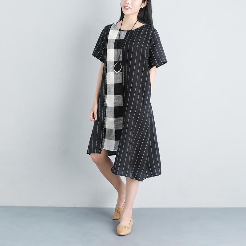 Stripe Summer Short Sleeve Casual Pockets Black Dress - Omychic