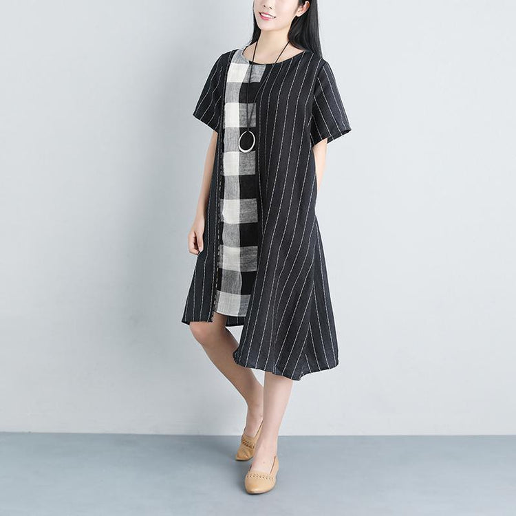 Stripe Summer Short Sleeve Casual Pockets Black Dress - Omychic