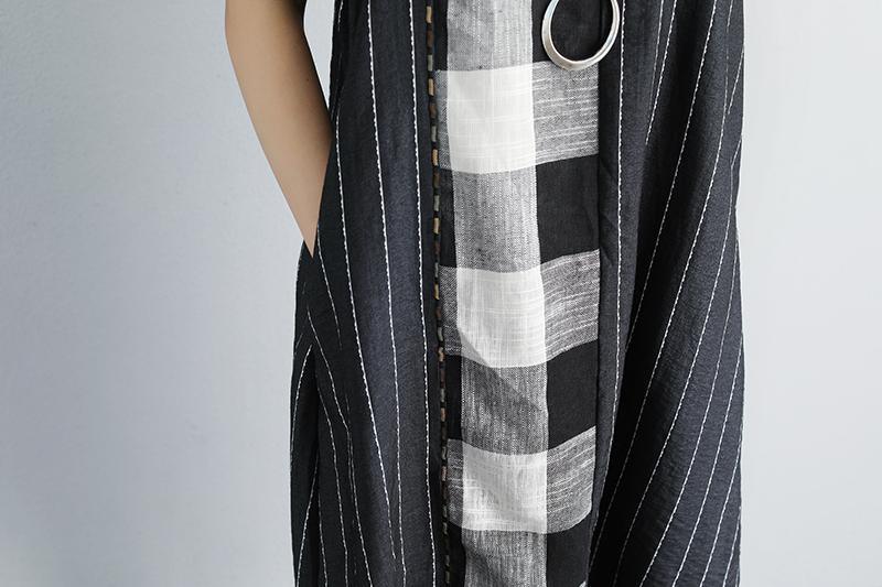 Stripe Summer Short Sleeve Casual Pockets Black Dress - Omychic