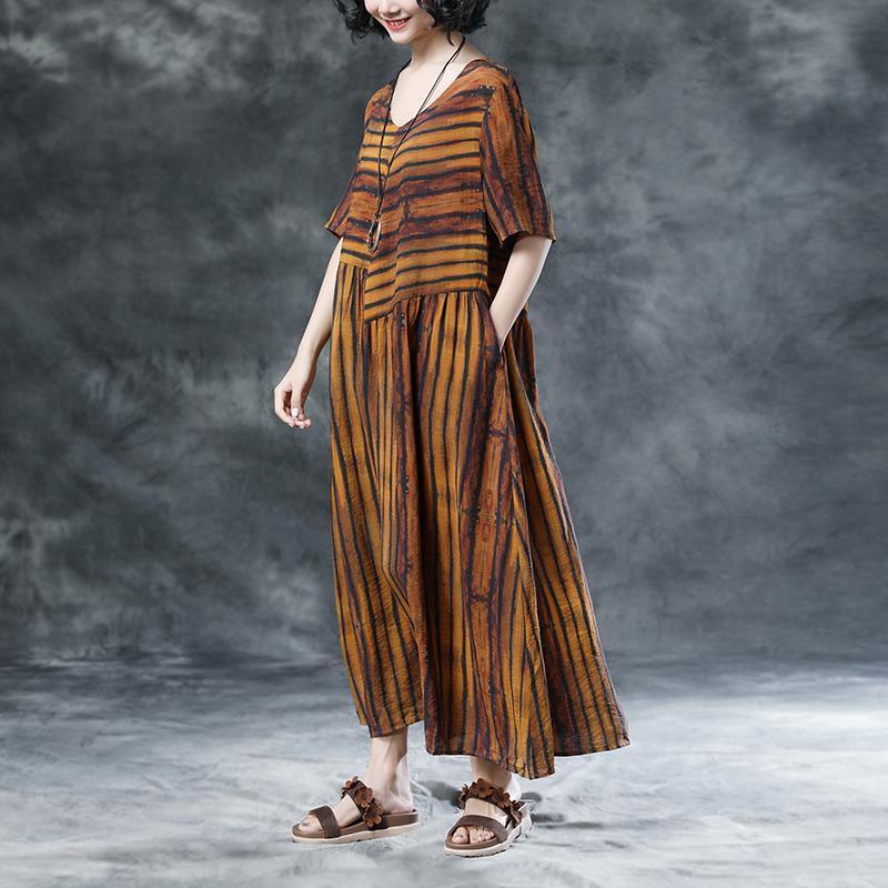 Stripe Casual Pockets Summer Short Sleeve Pleated Dress - Omychic