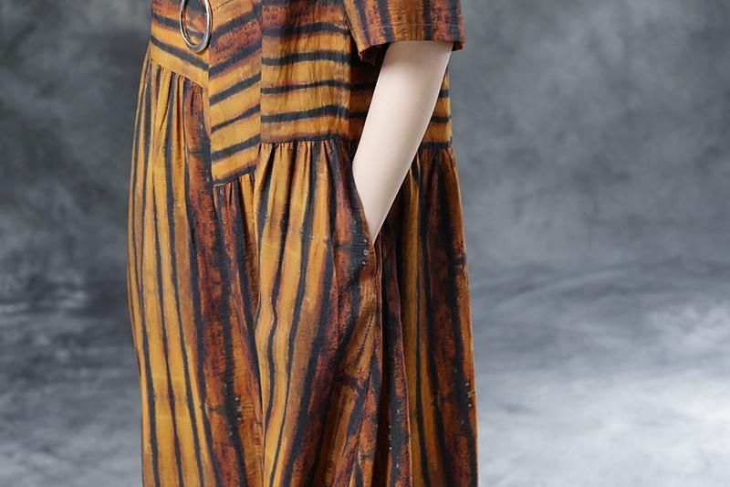 Stripe Casual Pockets Summer Short Sleeve Pleated Dress - Omychic