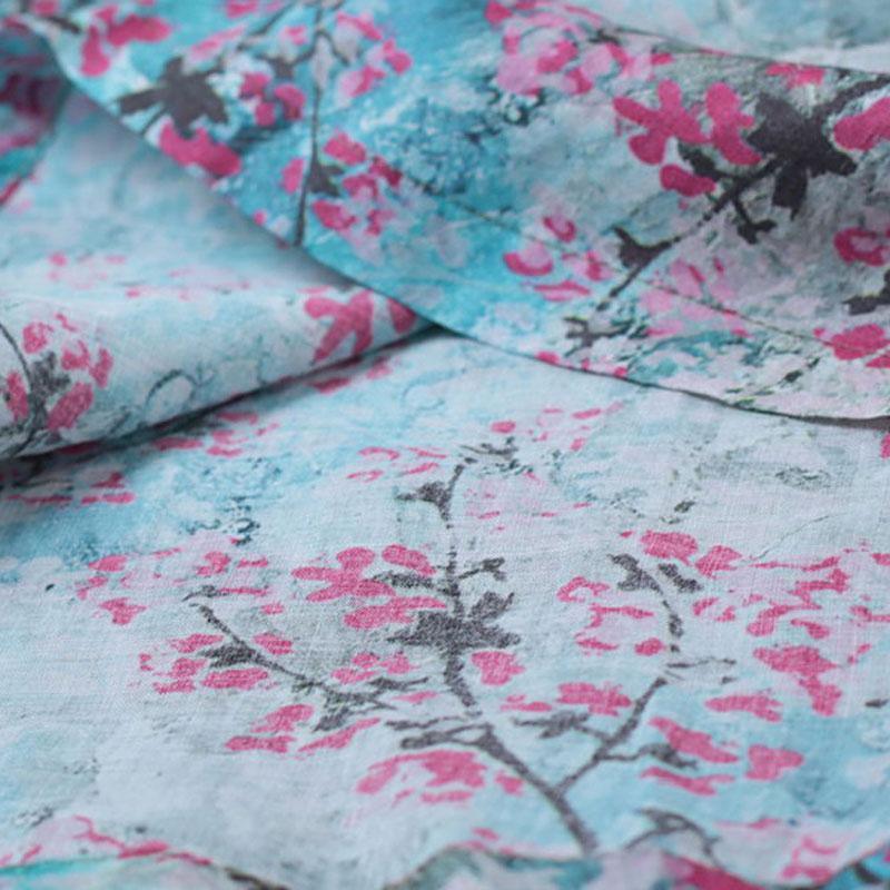 Retro V Neck Short Sleeve Printed Ramie Dress - Omychic