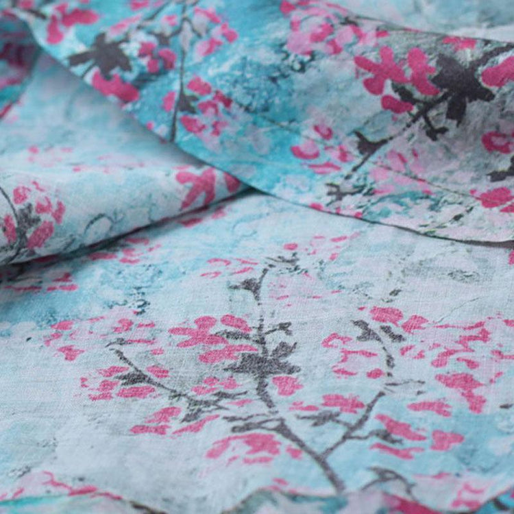 Retro V Neck Short Sleeve Printed Ramie Dress - Omychic