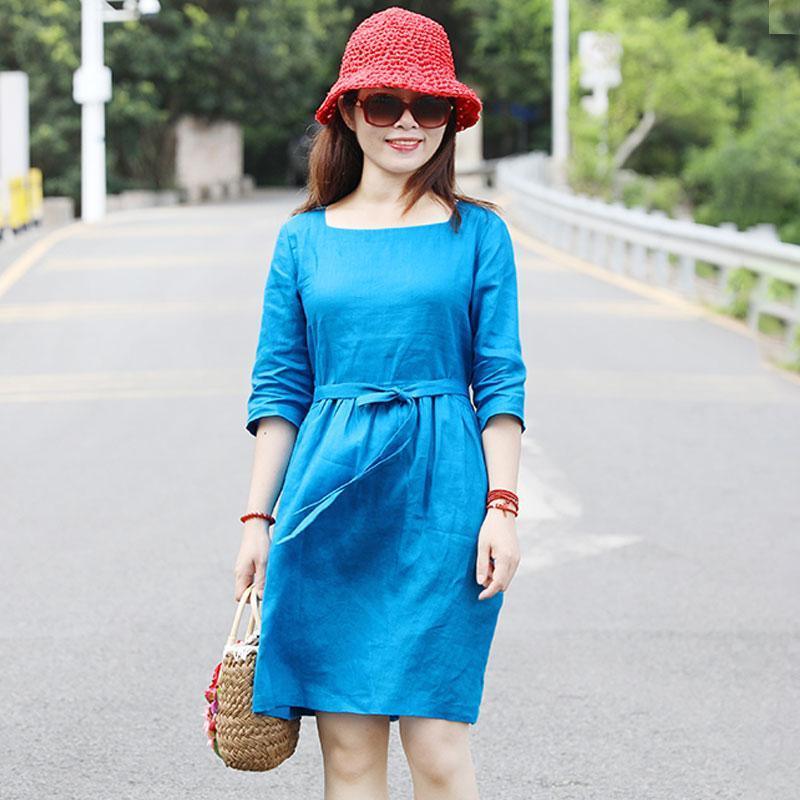 Special Collar Design Women Half Sleeve Loose Blue Folded Dress - Omychic