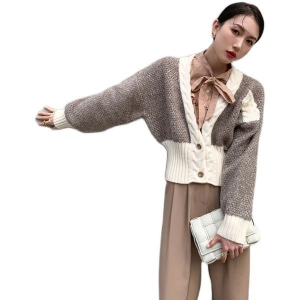 Knitting Sweater Open Stitch Winter Fashion The New Splicing V Neck Collar Short Top Coat - Omychic
