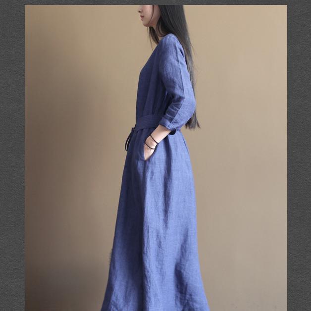 fall Blue vintage long line dresses plus size linen clothing