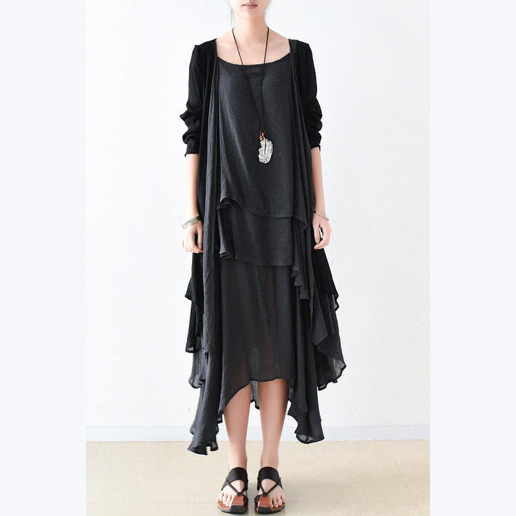 Fall Black Cotton Dresses Flowy Cardigan With Asymmetrical Layered Dress Inside Two Pieces - Omychic