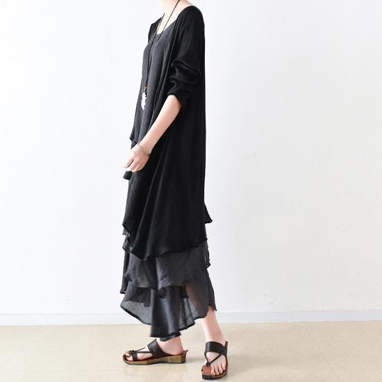 Fall Black Cotton Dresses Flowy Cardigan With Asymmetrical Layered Dress Inside Two Pieces - Omychic