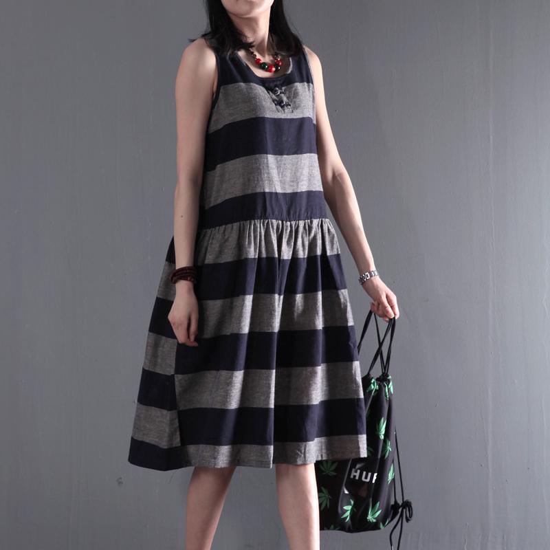 gray strip linen sundress summer sleeveless fit flare dress - Omychic