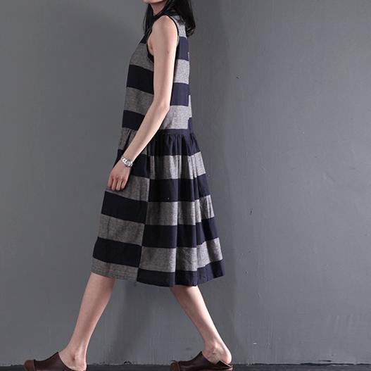 gray strip linen sundress summer sleeveless fit flare dress - Omychic