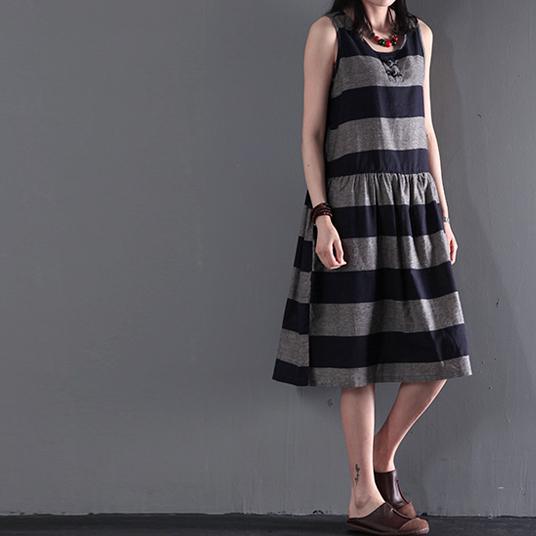 gray strip linen sundress summer sleeveless fit flare dress - Omychic