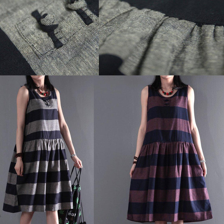 gray strip linen sundress summer sleeveless fit flare dress - Omychic