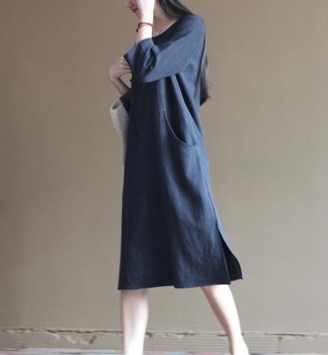 half sleeve navy linen dress summer spring maxi dresses casual style - Omychic