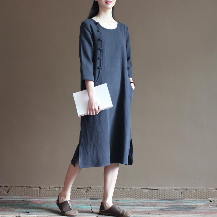 half sleeve navy linen dress summer spring maxi dresses casual style - Omychic