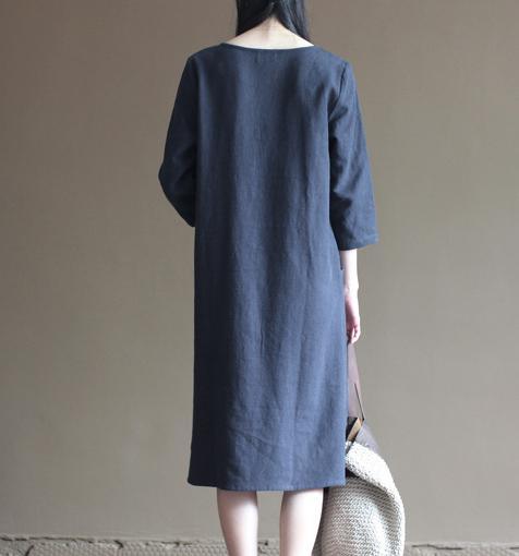 half sleeve navy linen dress summer spring maxi dresses casual style - Omychic