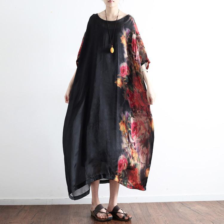 2017 black prints silk dresses plus size sundress patchwork short sleeve maxi dress - Omychic