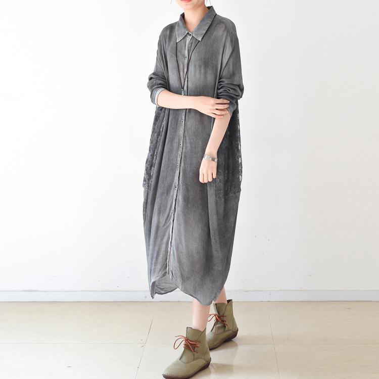 2017 gray caual cotton gowns lace patchwork dress wrinkled cotton with lace patchwork long baggy shirt - Omychic