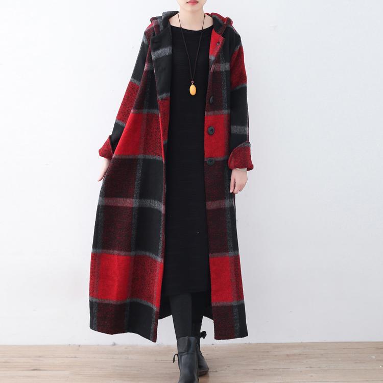 2021 Red Plaid Wool Coat Plussize Winter Coat Women Hooded Maxi